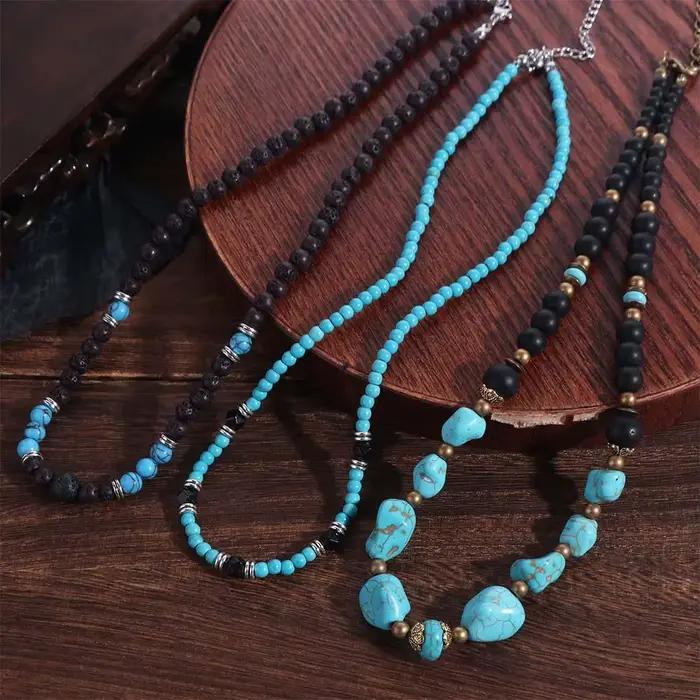 Collier Turquoise de Style ethnique classique pour hommes, Texture de perles irrégulières, accessoire réglable, collier de pays occidental pour hommes