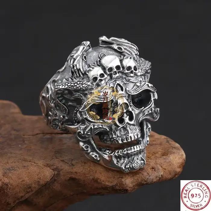 Bague Crâne Dominante Exagérée en Argent Thaïlandais Rétro, Style Punk Rock, Accessoires de Fête pour Motards, Excellents Cadeaux pour Amis Hommes