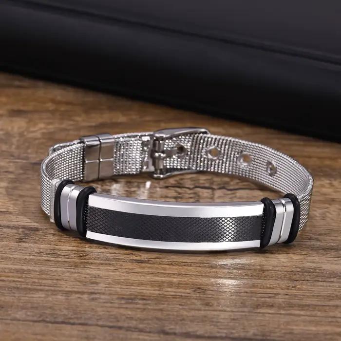 Bracelets en maille d'acier inoxydable pour hommes, bracelet de barre d'identification étanche, cadeaux pour mari, papa, père, fils, longueur réglable