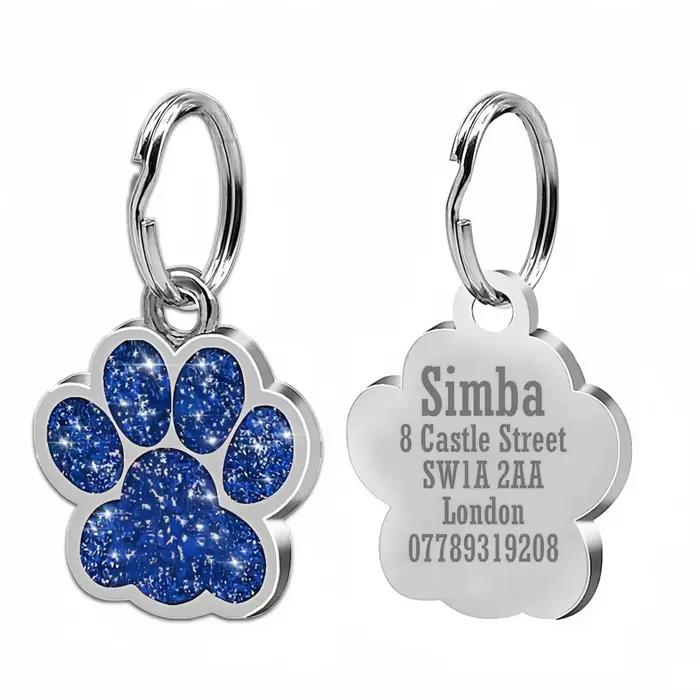 Étiquettes de plaque personnalisées gratuites pour chien et chat, nom d'identification pour chiot gravé, pendentif patte en alliage à paillettes, accessoires pour animaux de compagnie et chiens