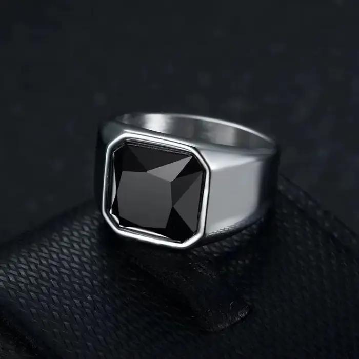 Bague chevalière carrée géométrique noire en acier inoxydable, avec Zircon, pierre d'agate noire, pour hommes et femmes, bijoux cadeaux de haute qualité