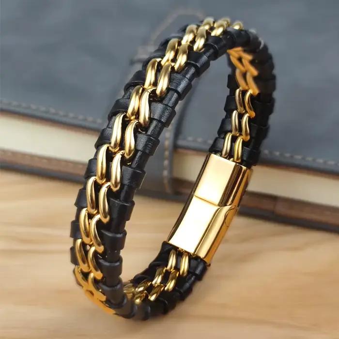 Bracelet en cuir véritable pour homme avec fermoir magnétique en acier inoxydable plaqué or – Bijou exclusif