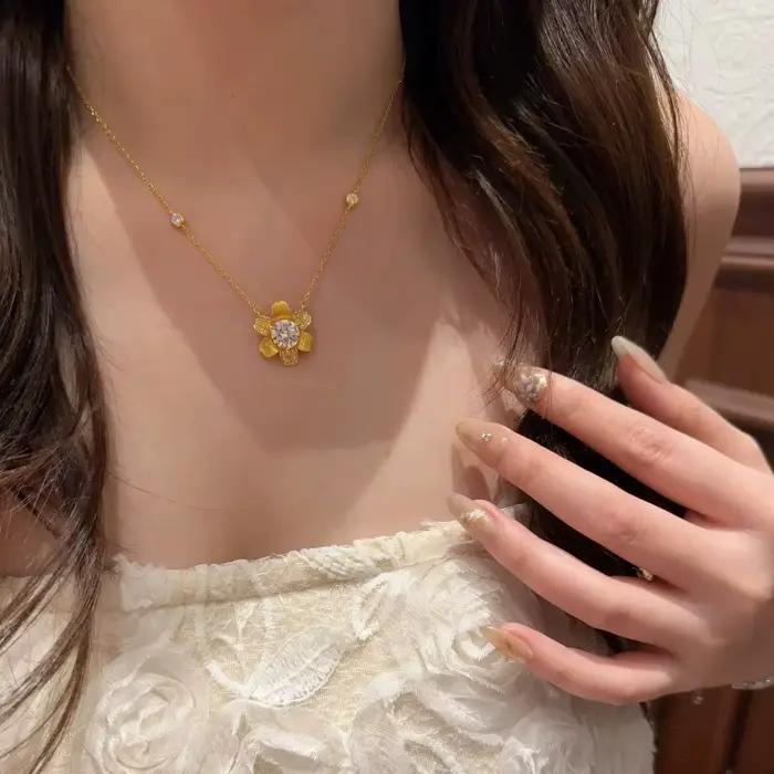 Bijoux rétro de Style français, Design floral, pendentif couleur or, colliers incrustés de Zircon, boucles d'oreilles, ensembles de bijoux pour femmes