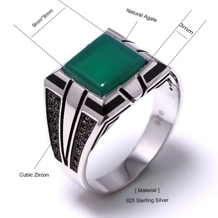 Bagues vintage en argent 925 pour hommes, bague en agate, matiques de couleur de charbon, bague de bijoux turcs, rétro cool, grand, garanti