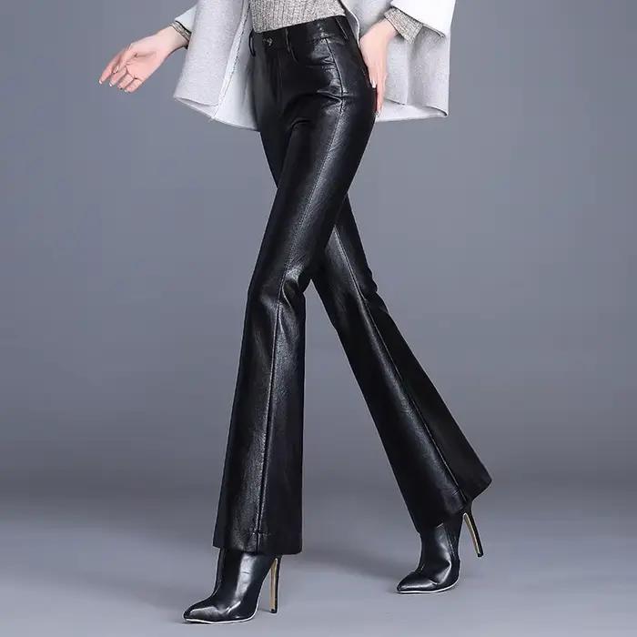 Pantalon évasé en cuir PU pour femme, taille haute, mince, streetwear, moto, automne, hiver, fjFemale
