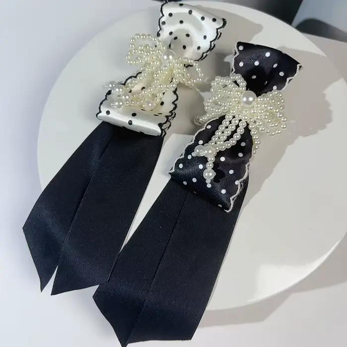 Nouvelle Élégante Nœud Papillon Noir Orné de Perles pour Femme, en Tissu Couleur Unie, Accessoire de Mode Bijou pour Chemise