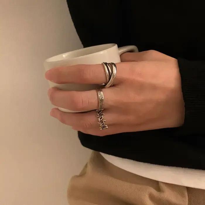 Bague de bénédiction en argent réglable pour hommes et femmes, bague de document, hip-hop, rétro, vintage, étoile, caractères chinois, croix, visage souriant