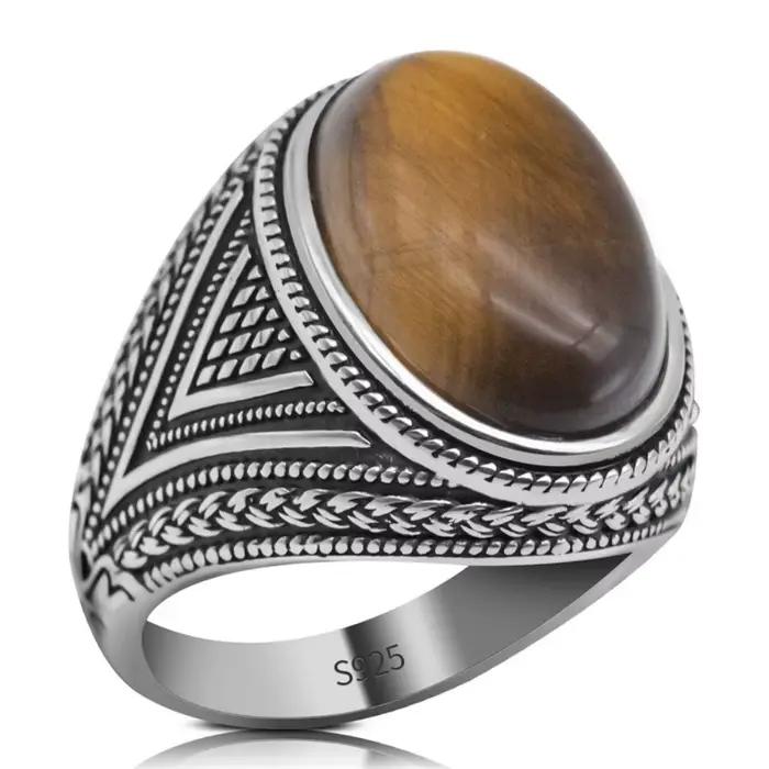 Vente en gros de bagues en argent sterling 925 véritable pour hommes, pierre d'agate noire naturelle, style vintage, faites à la main, bague de mariage