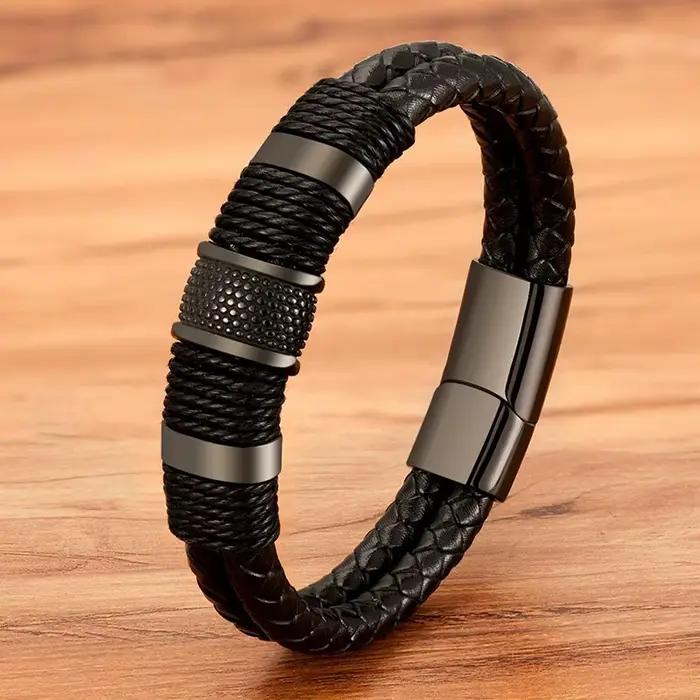 Bracelets en cuir tressé vintage pour hommes, bracelets classiques en acier inoxydable, bracelets punk, bijoux pour poignet, cadeaux pour hommes K-