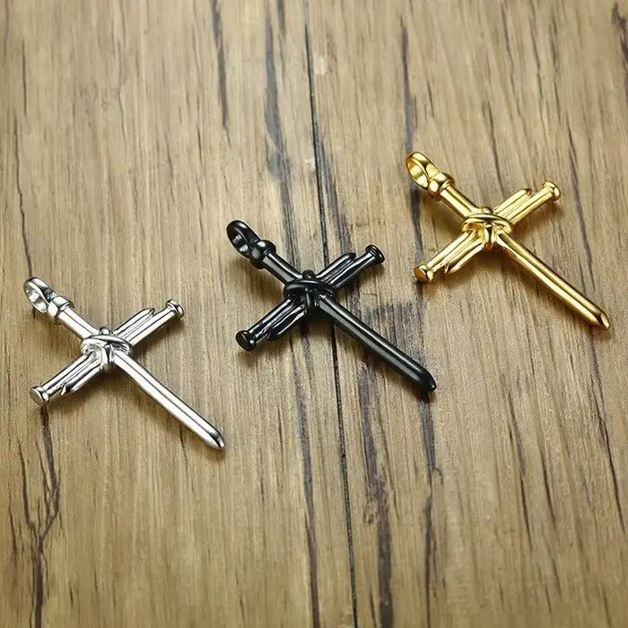 Collier pendentif croix à ongles pour hommes, Style Hip Hop Punk, couleur argent, chaîne en acier inoxydable, bijoux de fête de baptême d'église chrétienne