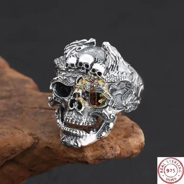 Bague Crâne Dominante Exagérée en Argent Thaïlandais Rétro, Style Punk Rock, Accessoires de Fête pour Motards, Excellents Cadeaux pour Amis Hommes