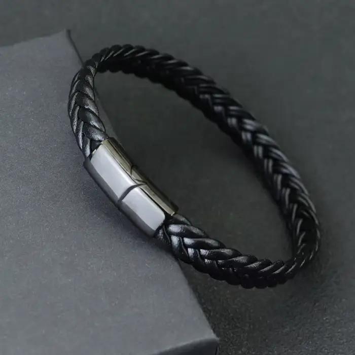 Bracelet en cuir tressé de qualité supérieure pour hommes, fermoir magnétique en acier inoxydable, tissage fait à la main, breloque d'affaires, mari Joias Pulsera