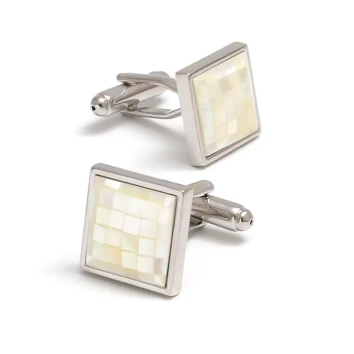 TOMYE Boutons de manchette pour hommes, boutons de manchette carrés de luxe en laiton plaqué argent avec nacre, bijoux pour chemise habillée, cadeaux