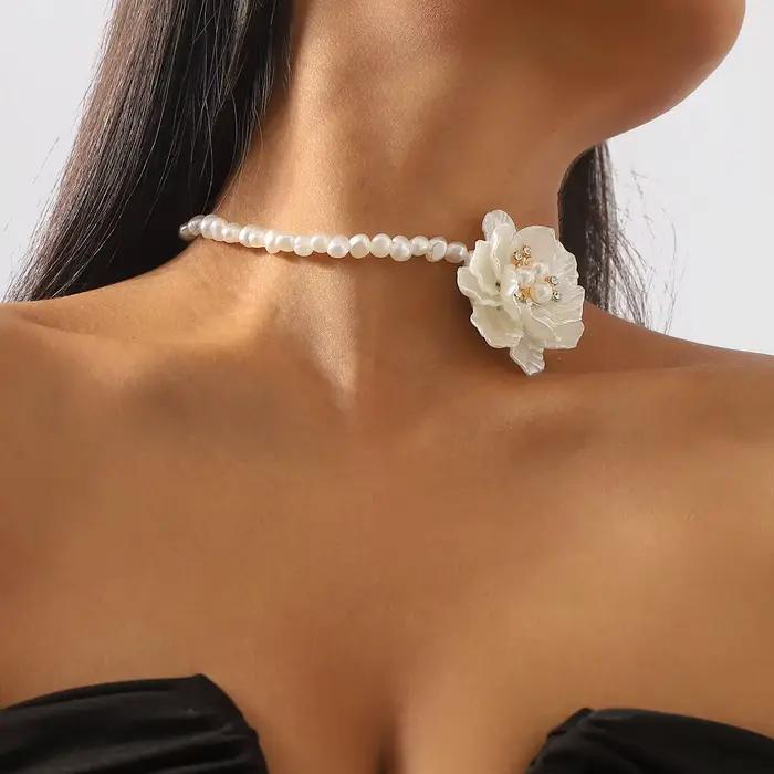 Collier fleur de camélia élégant, tour de cou, collier de perles, mode, clavicule, bijoux, accessoires