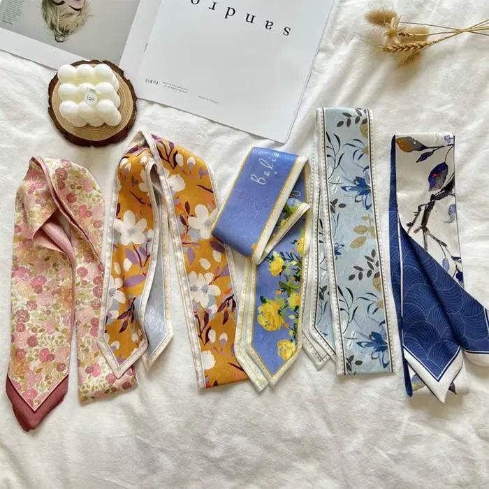 Écharpe en ruban de soie satiné polyvalente, tendance, longue, fine, étroite, cravate pour cheveux, accessoire de mode florale fraîche pour femmes