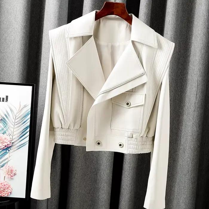 Veste pour femmes 2025 nouveau manteau européen en cuir véritable femme fermeture éclair grand revers court surdimensionné Locotive blanc Jaqueta Feminina