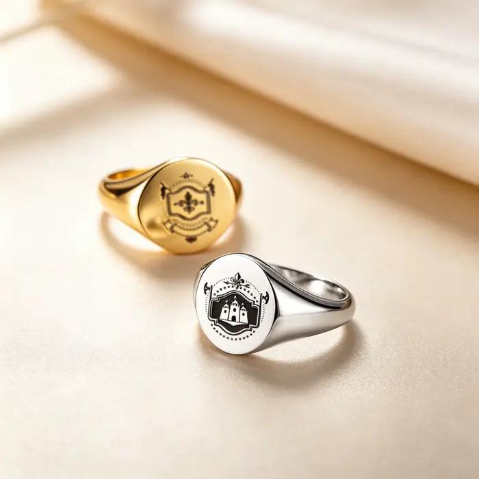 Bague Chevalière Personnalisée avec Armoiries Familiales, en Acier Inoxydable, Logo Héraudique Gravé, Textes et Noms Intérieurs, Bijou de Remise de Diplôme