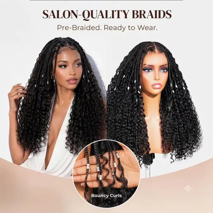 Perruques tressées sans colle en cheveux humains, tresses bohèmes sans nœuds, perruque frontale HD 13x6 en dentelle, perruque pré-tressée en cheveux humains, perruques tressées ondulées effet eau