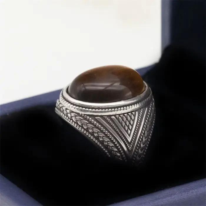 Vente en gros de bagues en argent sterling 925 véritable pour hommes, pierre d'agate noire naturelle, style vintage, faites à la main, bague de mariage