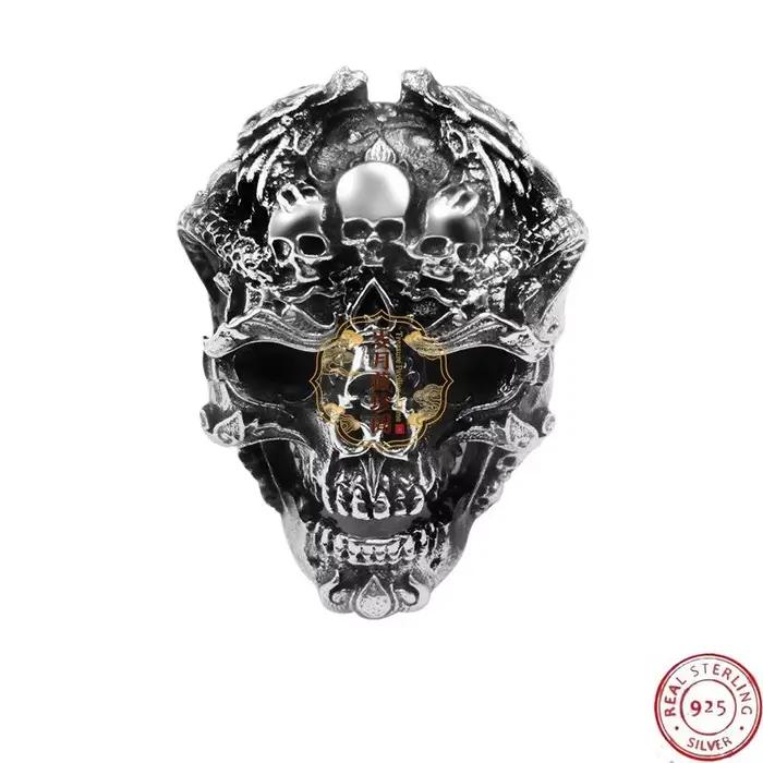 Bague Crâne Dominante Exagérée en Argent Thaïlandais Rétro, Style Punk Rock, Accessoires de Fête pour Motards, Excellents Cadeaux pour Amis Hommes