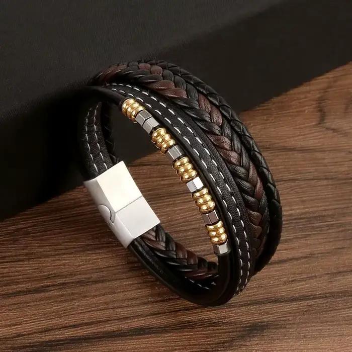 Classique nouveau Bracelet en cuir pour hommes 19/21/23 cm multicouche en cuir hommes Bracelets de perles bijoux de mode en gros livraison directe
