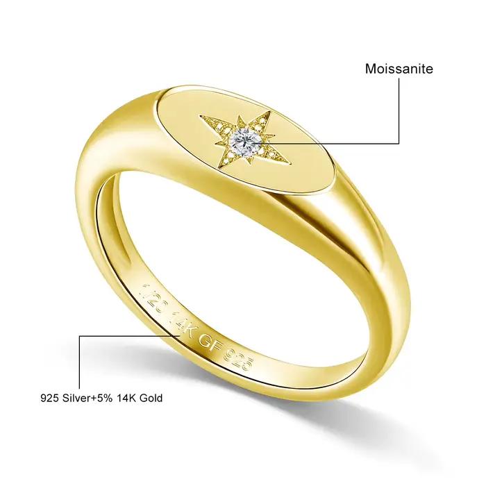 Bagues Chevalière en Or Rempli 14K pour Hommes et Femmes, Bague Moissanite Étoilée Polie Miroir, Étanche, Bijoux Fins, Testée au Diamant