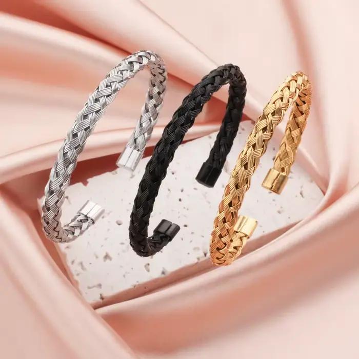 Bracelet jonc ouvert en fil torsadé en acier titane, couleur unie, haut de gamme, inaltérable, minimaliste et délicat, bijoux pour femme