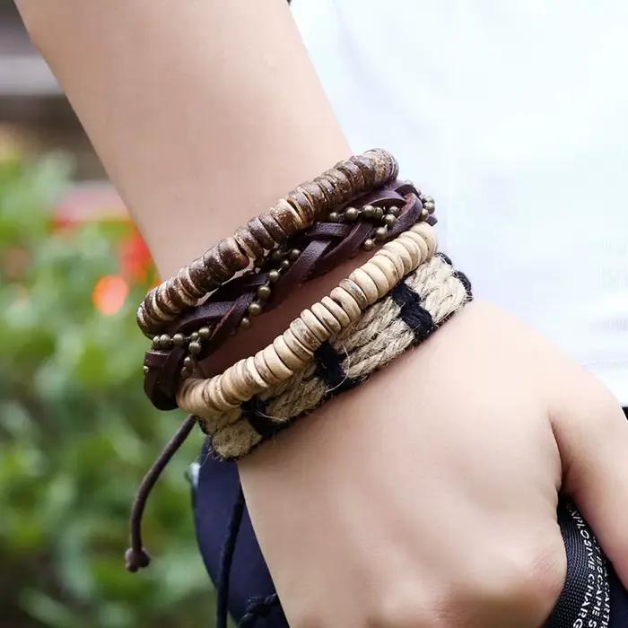 4 pièces/ensemble tressé Wrap Bracelets en cuir pour hommes Vintage arbre de vie gouvernail charme perles de bois ethnique Tribal Bracelet corde Bracelet