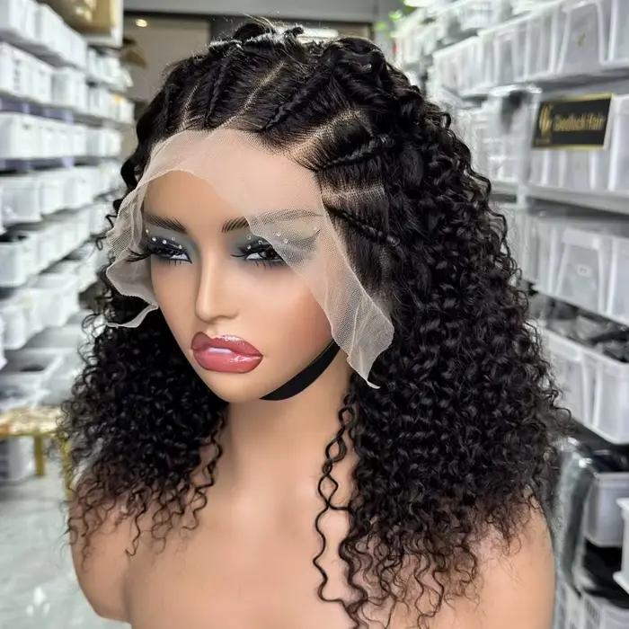 13x4 tresse perruques cheveux humains Afro crépus bouclés dentelle avant perruques pour les femmes Super Double dessiné 250% densité brésilienne Remy cheveux 16 pouces