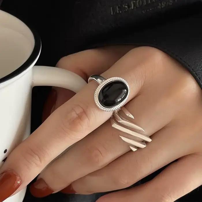 Bagues géométriques en argent Sterling 925 en pierre noire pour femmes et hommes, Simple, mode coréenne, ouverte et réglable, faites à la main, cadeaux de Couple