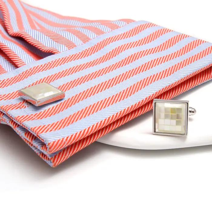 TOMYE Boutons de manchette pour hommes, boutons de manchette carrés de luxe en laiton plaqué argent avec nacre, bijoux pour chemise habillée, cadeaux