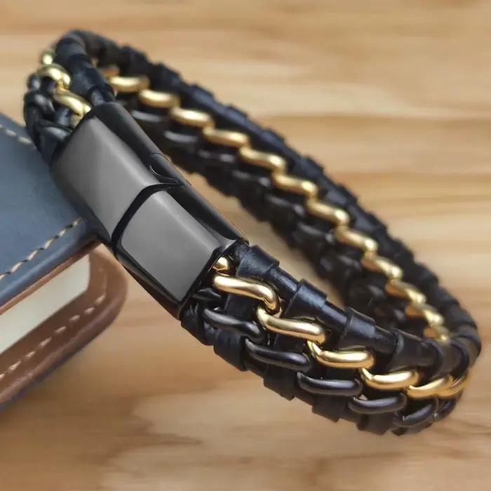 Bracelet en cuir véritable pour homme avec fermoir magnétique en acier inoxydable plaqué or – Bijou exclusif