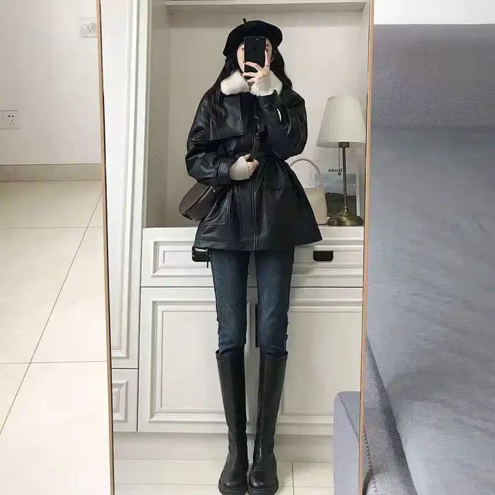 Veste en cuir noir pour femme, rétro, ample, petite taille, grande taille, polaire épaisse, veste de motard en PU, automne-hiver 2025