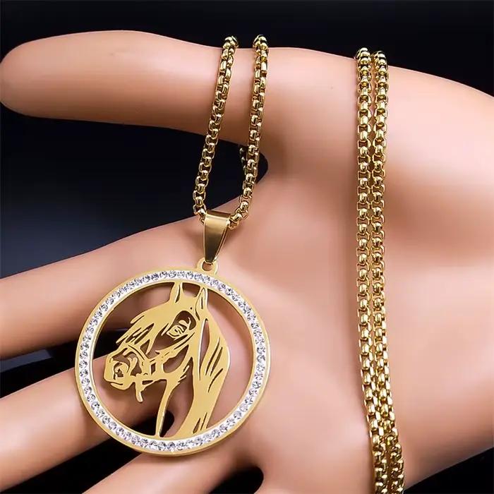 Collier pendentif tête de cheval pour hommes et femmes, en acier inoxydable, chaîne animale en cristal, accessoires de cheval, bijoux colar masculino