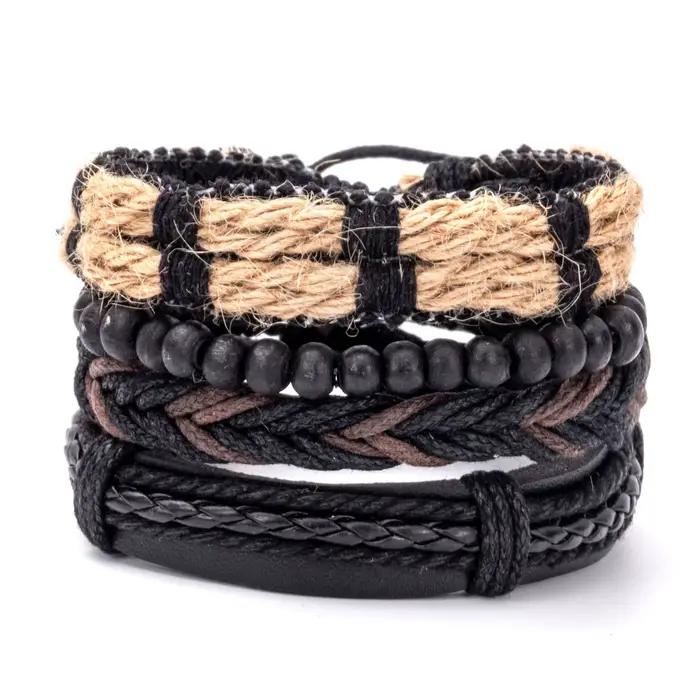 4 pièces/ensemble tressé Wrap Bracelets en cuir pour hommes Vintage arbre de vie gouvernail charme perles de bois ethnique Tribal Bracelet corde Bracelet