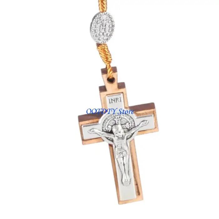 Collier chapelet en bois fait à main, pendentif croix, chaîne, bijoux religieux, 367A