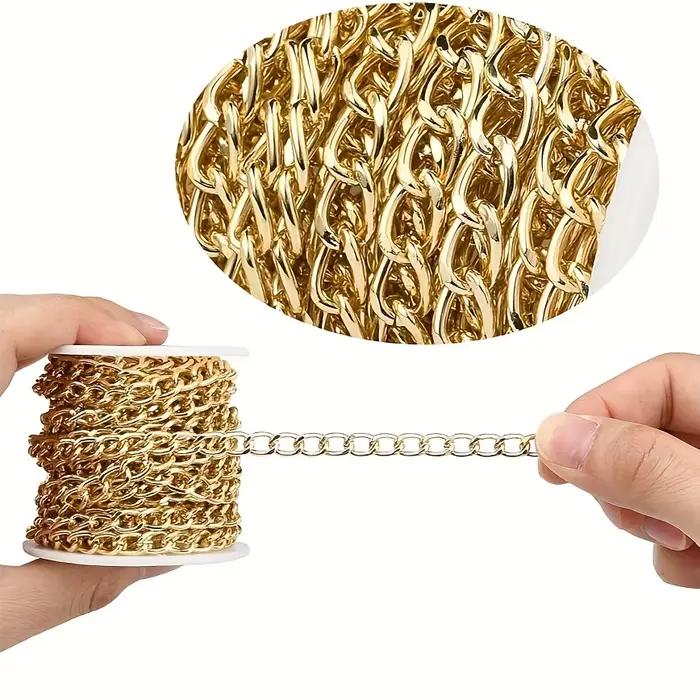 Rouleau de chaîne gourmette en aluminium doré de 10 m | Designs torsadés et à maillons croisés | Proportion incluse pour la fabrication de bracelets/colliers DIY ​