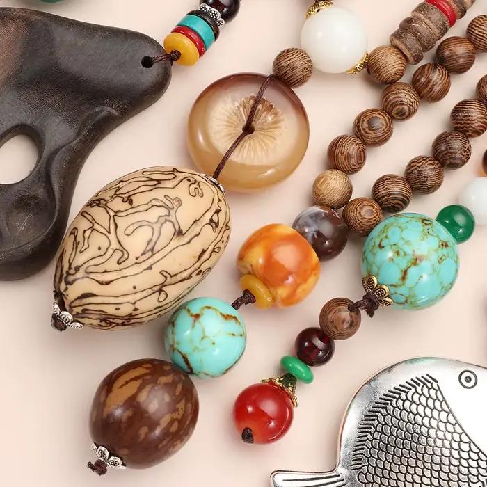 Collier ethnique de style hippicopter Boho, fait à la main, bouddhiste Mala, perles en bois, pendentif long, bijoux pour hommes et femmes