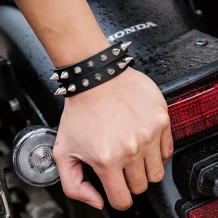 Bracelet en cuir fait main pour homme, style moto, à double rangée de rivets, idéal pour un usage quotidien, accessoire de mode