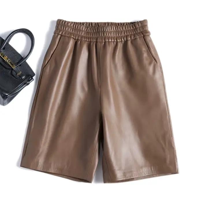 Capable-Bermuda en cuir à cinq points pour femme, taille élastique, jambes larges, short avec poche, à la mode, mn 100%