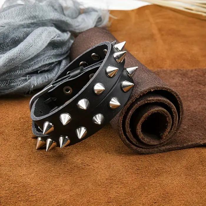 Bracelet en cuir fait main pour homme, style moto, à double rangée de rivets, idéal pour un usage quotidien, accessoire de mode