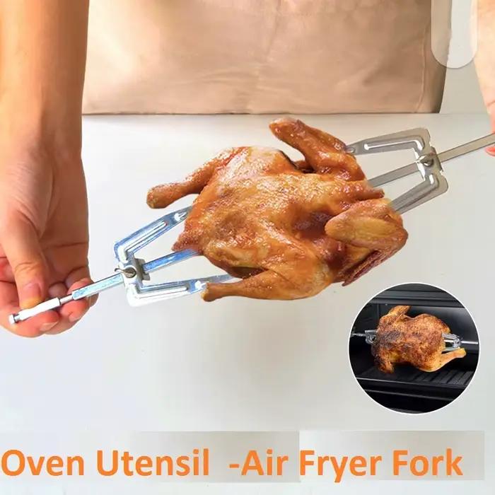 Accessoires de four : Ustensile de rôtissoire en acier, broche à poulet, fourchette pour poulet grillé, support pour friteuse à air, outil de cuisine