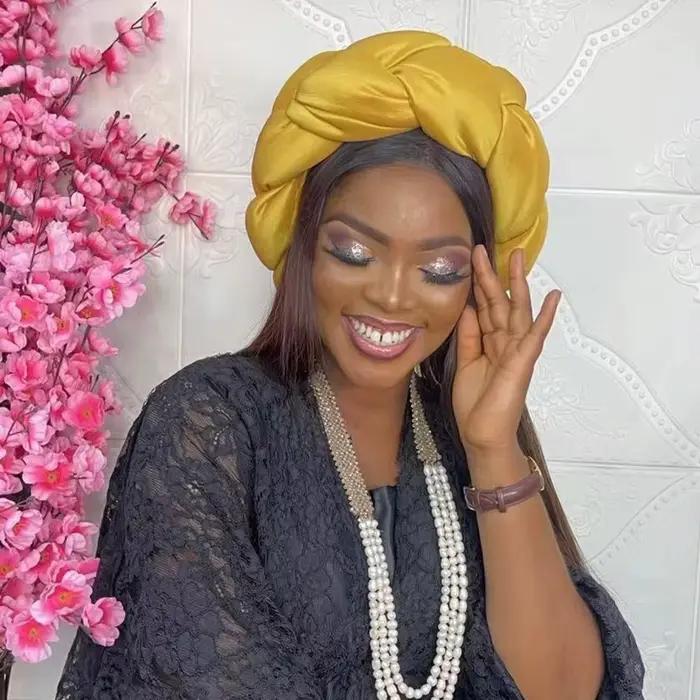 Grande tresse exagérée bandeau africain en soie brute Turban casquette pour les femmes Nigeria fête de mariage casque femme bandeau