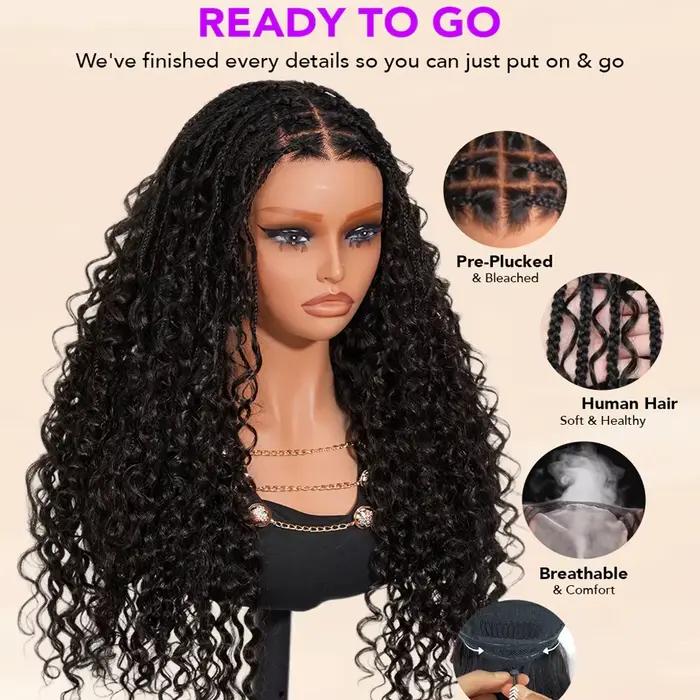 Perruques tressées sans colle en cheveux humains, style bohème, avec dentelle frontale HD 13x6, pré-tressées, effet vague d'eau