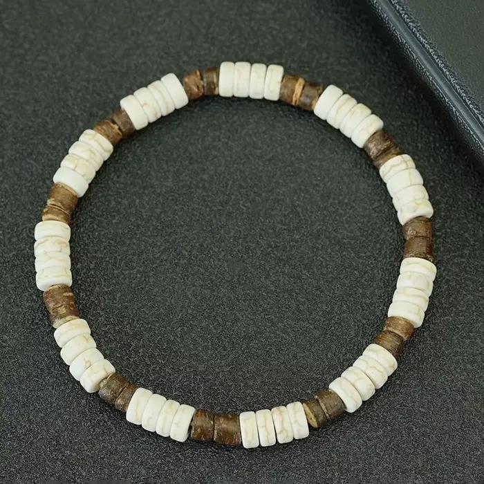 Bracelets vintage en perles turquoise pour hommes, bracelet bohème avec breloque en bois, bijoux