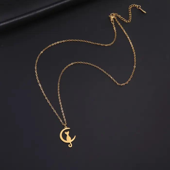 Collier pendentif chat lune croissante Skyrim en acier inoxydable pour femme, chaîne de cou, ras-de-cou, bijoux animaux mignons Kpop, cadeau d'anniversaire