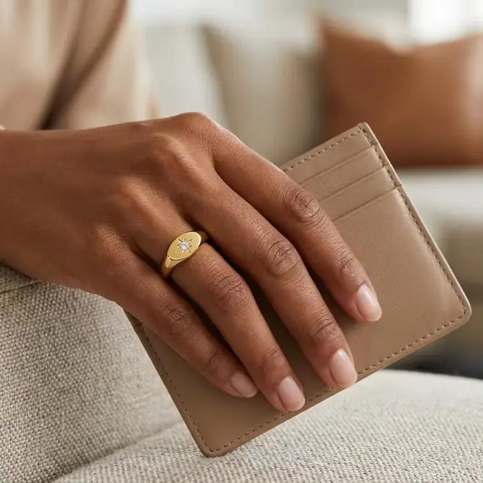 Bagues Chevalière en Or Rempli 14K pour Hommes et Femmes, Bague Moissanite Étoilée Polie Miroir, Étanche, Bijoux Fins, Testée au Diamant
