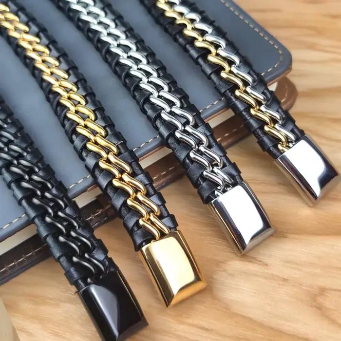 Bracelet en cuir véritable pour homme avec fermoir magnétique en acier inoxydable plaqué or – Bijou exclusif