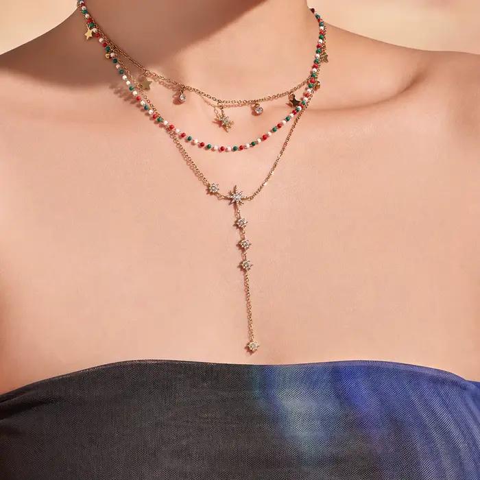 Collier Zircon North Star Y avec perles émaillées empilables, en acier inoxydable 316L plaqué or 18 carats, pour femme, ensemble de bijoux