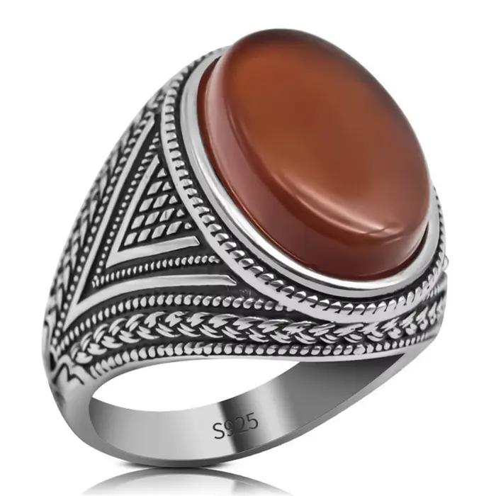 Vente en gros de bagues en argent sterling 925 véritable pour hommes, pierre d'agate noire naturelle, style vintage, faites à la main, bague de mariage
